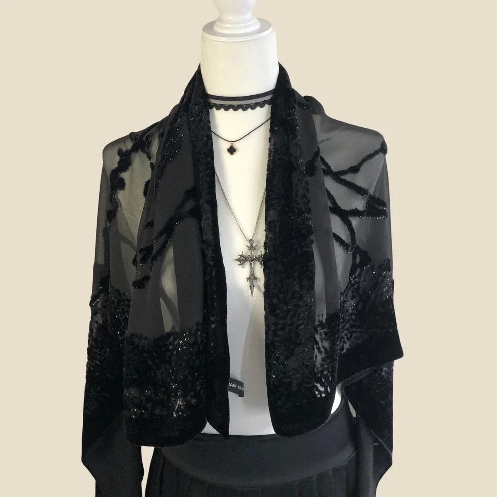 Vintage 90s Ellen Tracy Silk Devore Burnout Velvet Scarf Wrap Black Sheer